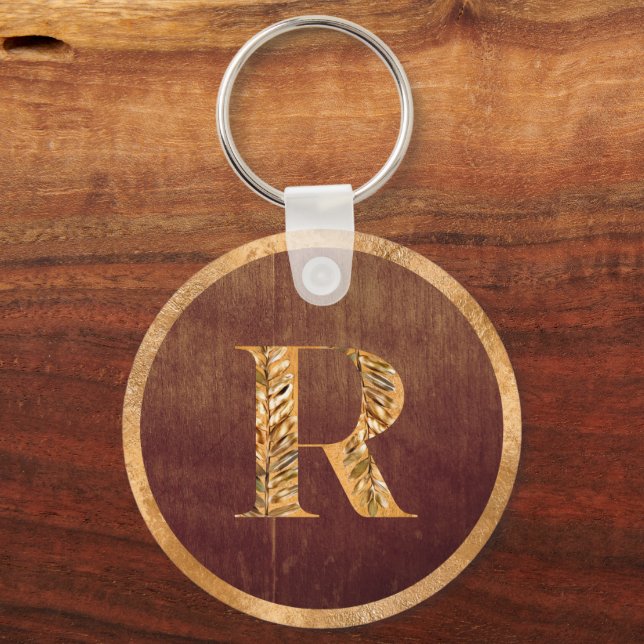 Elegant Rustic Guld & Brown Personlig Monogram Nyckelring (Framsida)