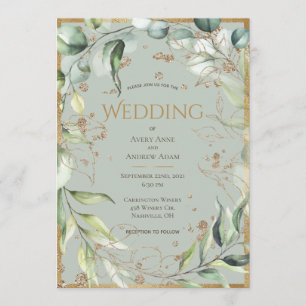 Elegant Rustic Guld Eucalyptus Bröllop Inbjudningar