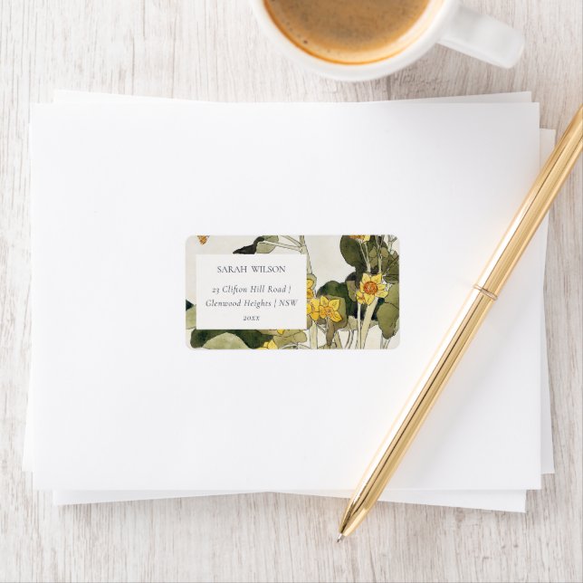 Elegant Rustic Gult Daffodil Blommigt Adress Adressetikett (Insitu)