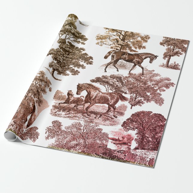 Elegant Rustic Horses Red Brown Toile Presentpapper (Utrullad)