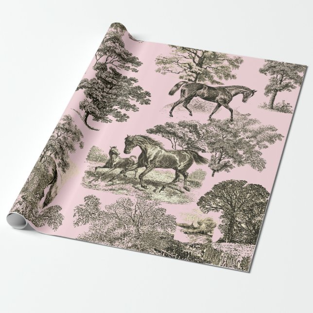 Elegant Rustic Horses Rosa Beige Toile Seamless Presentpapper (Utrullad)