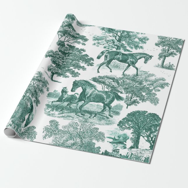 Elegant Rustic Horses Sage Grönt Toile Presentpapper (Utrullad)
