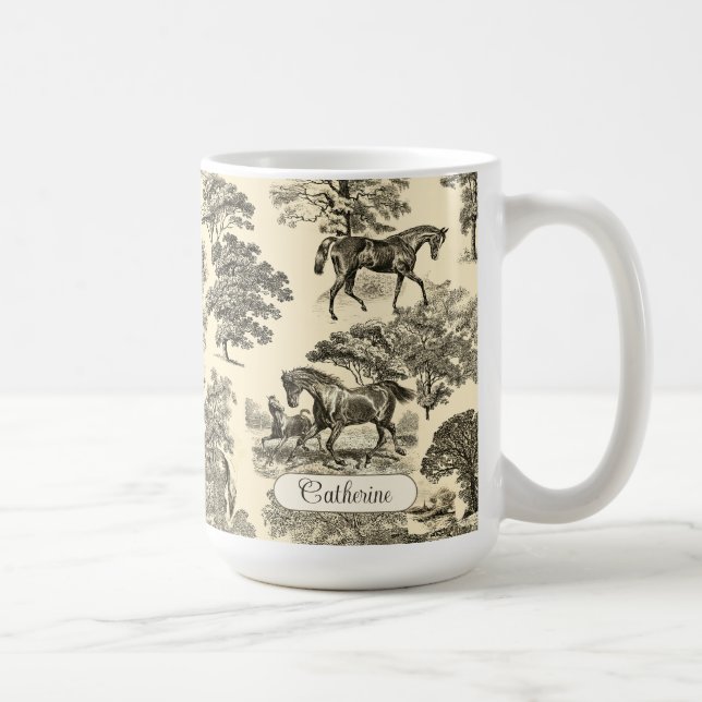 Elegant Rustic Horses Träd Beige Tan Toile Kaffemugg (Höger)