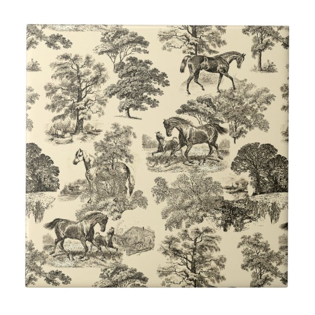 Elegant Rustic Horses Träd Beige Tan Toile Kakelplatta (Framsidan)