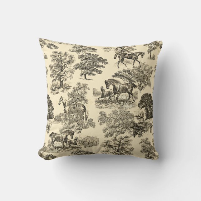 Elegant Rustic Horses Träd Beige Tan Toile Kudde (Framsida)