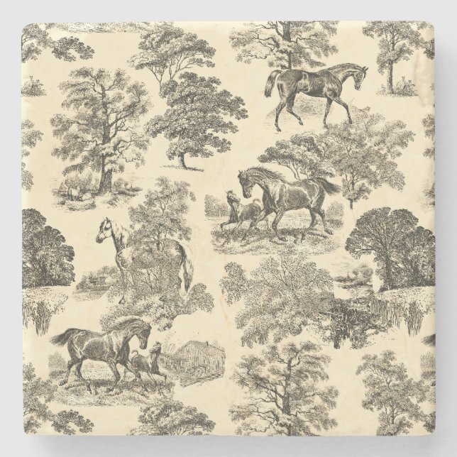 Elegant Rustic Horses Träd Beige Tan Toile Stenunderlägg (Framsidan)