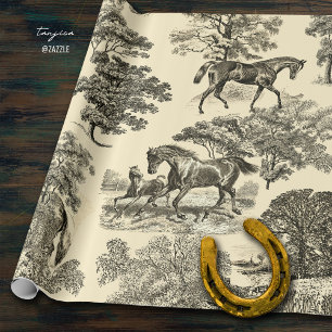 Elegant Rustic Horses Träd Beige Toile Seamless Presentpapper