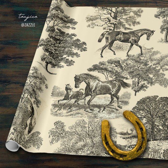Elegant Rustic Horses Träd Beige Toile Seamless Presentpapper (Skapare uppladdad)