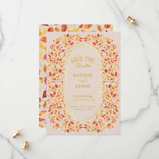 Elegant Rustic Höst löv Boho Bröllop Spara Datumet (Fram/Back In Situ)