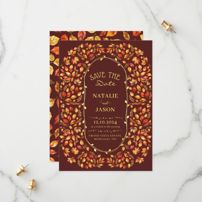 Elegant Rustic Höst löv Boho Bröllop Spara Datumet (Fram/Back In Situ)