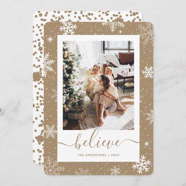 Elegant Rustic Kraft Papper Photo Snowflake Julkort (Fram/baksida)