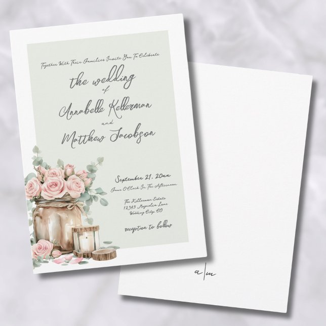 Elegant Rustic Mason Burk Ro Landsbyggsbröllop Inbjudningar (Elegant Rustic Mason Jar Roses Country Wedding Invitation)