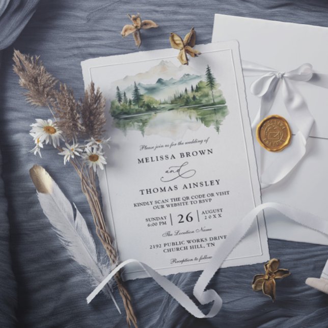 Elegant Rustic Mountain Budget QR Code Wedding Inbjudningar (Skapare uppladdad)