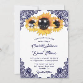 Elegant Rustic Navy Blue Lace Sunflower Wedding Inbjudningar