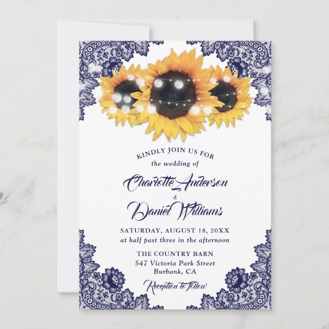 Elegant Rustic Navy Blue Lace Sunflower Wedding Inbjudningar (Framsida)