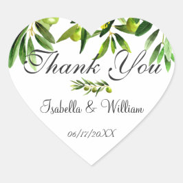 Elegant Rustic Olive Boho Sommar Bröllop Tack Hjärtformat Klistermärke