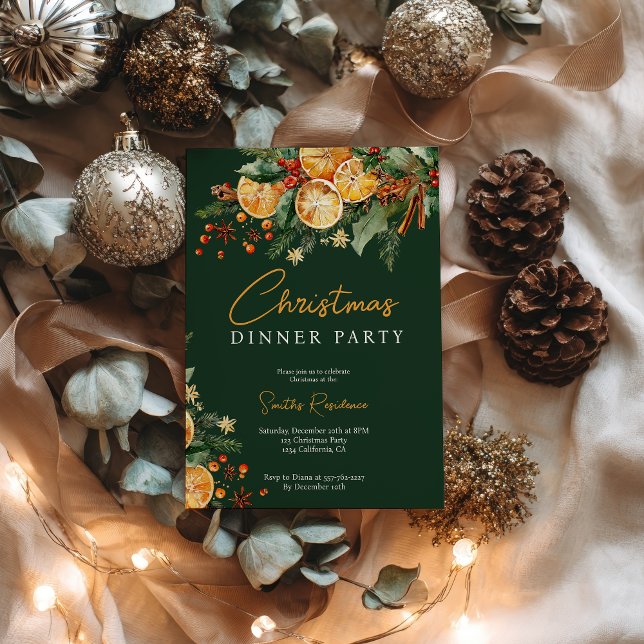 Elegant Rustic Orange Gräs julen Party Grönt Inbjudningar (Elegant Rustic Orange Pine Christmas Party Green Invitation)