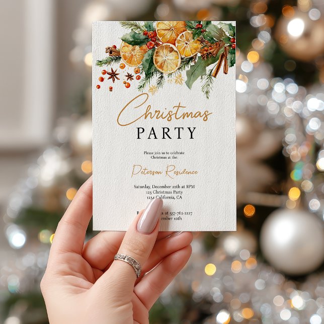 Elegant Rustic Orange och Gräs jul Party Inbjudningar (Elegant Rustic Orange and Pine Christmas Party Invitation)
