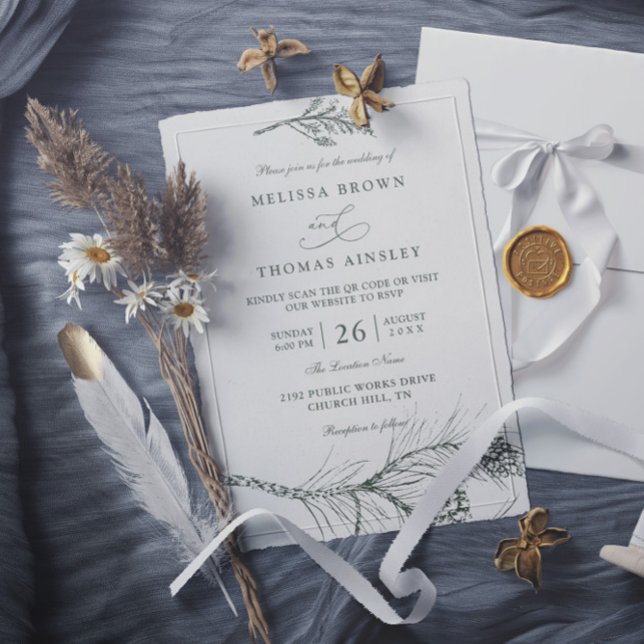 Elegant Rustic Pine Branch QR Code Wedding Inbjudningar (Skapare uppladdad)