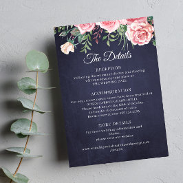 Elegant rustic pink floral navy wedding details tilläggskort