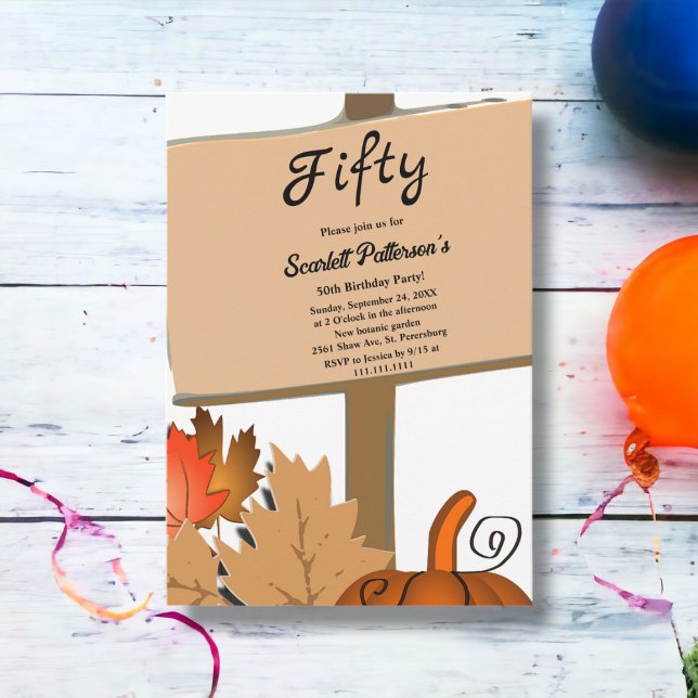 Elegant Rustic Pumpkin Löv sjunker 50:e födelsedag Inbjudningar (Skapare uppladdad)