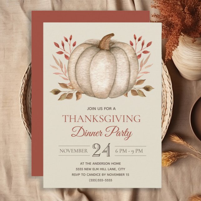 Elegant Rustic Pumpkin Thanksgiving Dinner Party Inbjudningar (White pumpkin burnt orange Thanksgiving Dinner invitation)