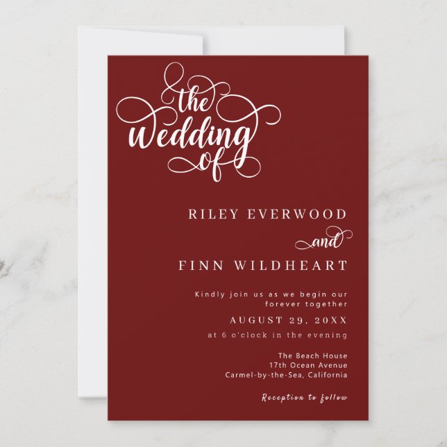 Elegant Rustic Red and White Script Bröllop Inbjudningar (Framsida)