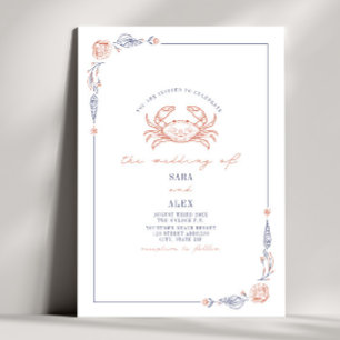 Elegant Rustic Red & Blue Beach WedCrab Inbjudningar