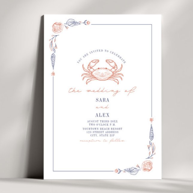 Elegant Rustic Red & Blue Beach WedCrab Inbjudningar (Skapare uppladdad)