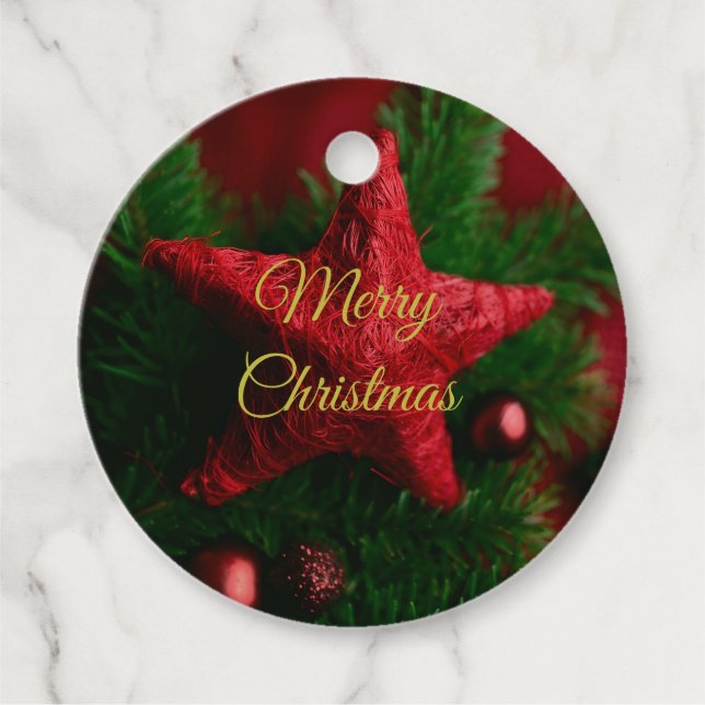 Elegant Rustic Red Star på Märkrna Gräs Gren Gåvor Etiketter (Framsida)