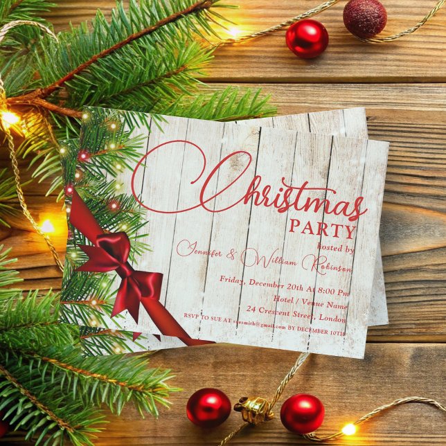 Elegant Rustic Ribbon & Gräs Julafton Helgdag Inbjudningar (Elegant Rustic Ribbon & Pine Xmas Holiday Invitation)