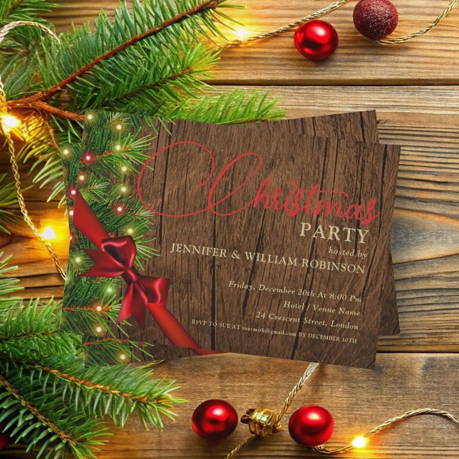 Elegant Rustic Ribbon & Gräs Julafton Julfest Inbjudningar (Elegant Rustic Ribbon & Pine Xmas Holiday Party Invitation)