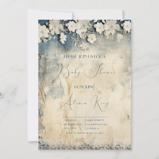 Elegant Rustic Royal Blue Blommigt Snöre Baby Show Inbjudningar (Framsida)