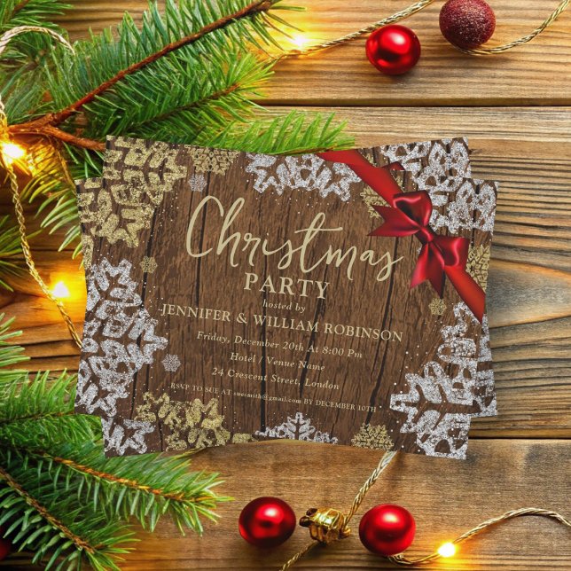 Elegant Rustic Snöflingor Julafton Julfest Inbjudningar (Elegant Rustic Snowflakes Xmas Holiday Party Invitation)