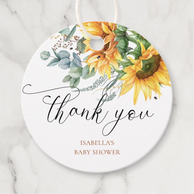 Elegant Rustic Solblomma Baby Shower Gåvor Etiketter (Framsida)