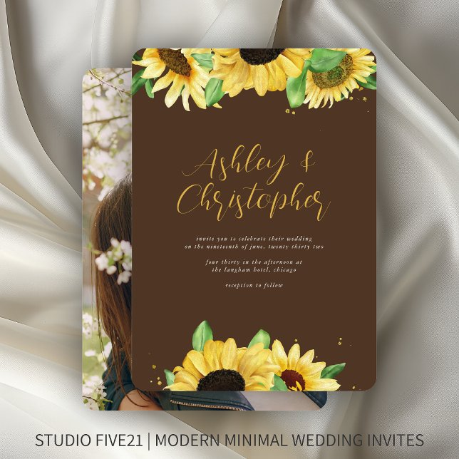 Elegant Rustic Solros Brown Photo Bröllop Inbjudningar (Skapare uppladdad)