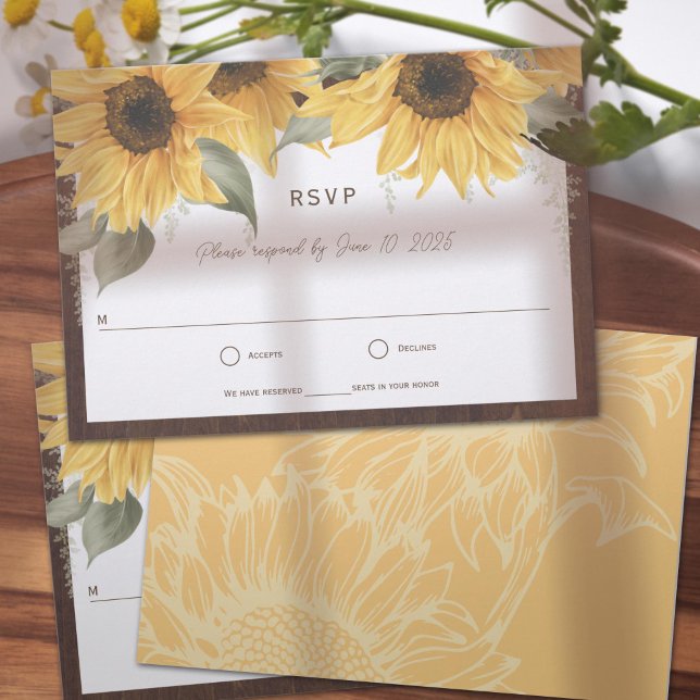 Elegant Rustic Solros, Land Fallbröllop (rustic wedding RSVP cards, adorned with vibrant yellow watercolor sunflowers. )