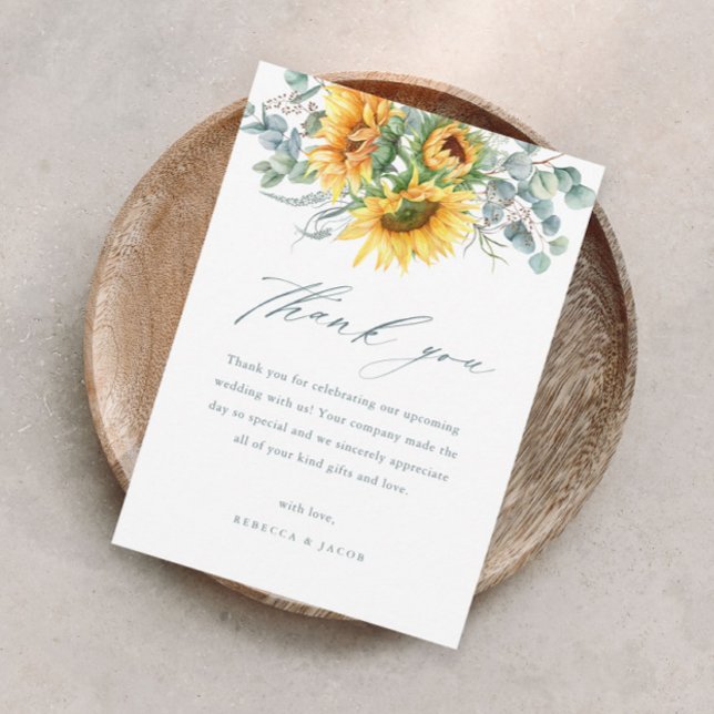 Elegant Rustic Solros Möhippa Tack Inbjudningar (Elegant sunflower eucalyptus bridal shower thank you card with modern handwritten script.)