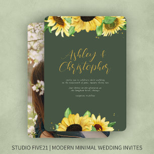 Elegant Rustic Solros Moss Grönt Photo Bröllop Inbjudningar