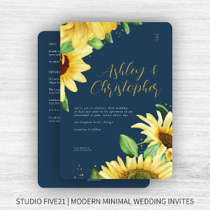 Elegant Rustic Solros Navy All-in-One Bröllop Inbjudningar