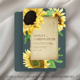 Elegant Rustic Solros Slate Grått Bröllop Inbjudningar