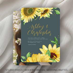 Elegant Rustic Solros Slate Grått Photo Bröllop Inbjudningar