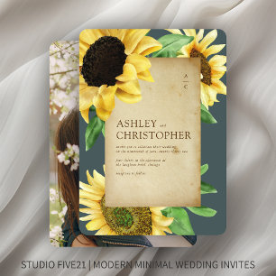 Elegant Rustic Solros Slate Grått Photo Bröllop Inbjudningar
