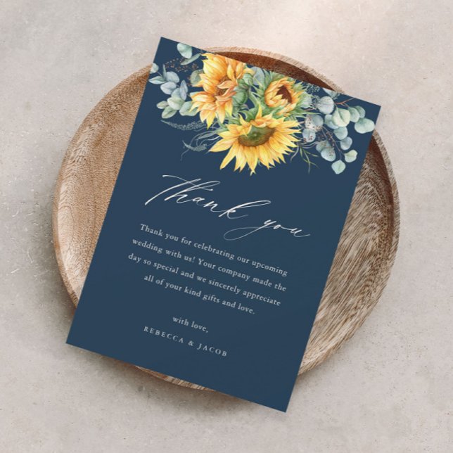 Elegant Rustic SolrosMöhippa Tack Kort (Elegant sunflower eucalyptus bridal shower thank you card with modern handwritten script.)