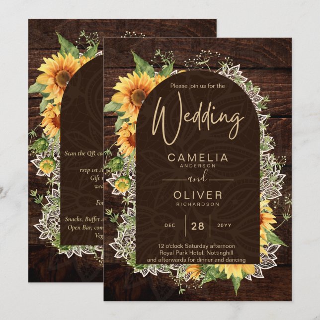 Elegant Rustic Sunblommor och inbjudan till bröllo (Fram/baksida)