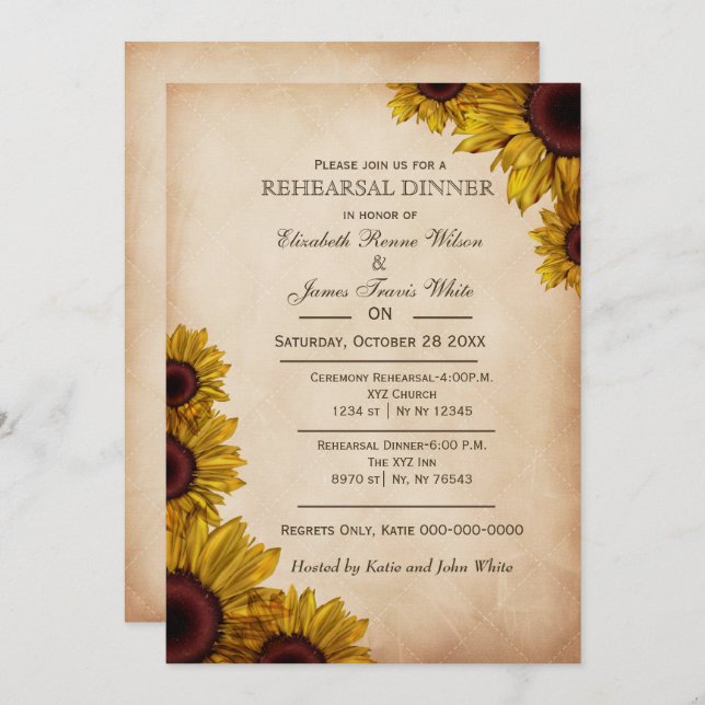Elegant Rustic Sunblommor rehearsal inbjudningskor Inbjudningar (Fram/baksida)