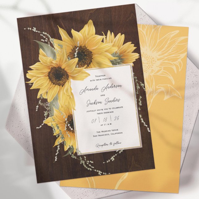 Elegant Rustic Sunwers, Fall Wedding Inbjudningar (Rustic Sunflower, Elegant Country Wedding Invitations. Available in 4 color options.)