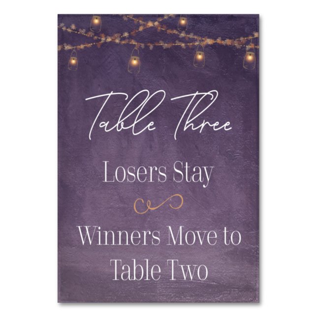 Elegant Rustic Tea Ljus Lila Bunco Bord Three Bordsnummer (Framsidan)