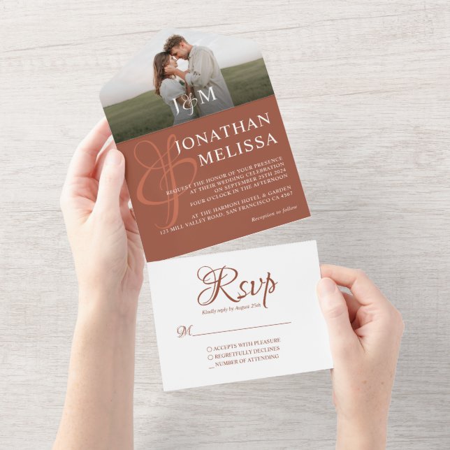 Elegant Rustic Terracotta Photo Monogram Bröllop (Tearaway)
