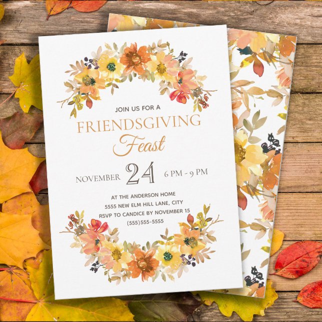 Elegant rustic vännernas tackfest middag inbjudningar (Friendsgiving Dinner invitation with pretty orange and yellow watercolor flowers)